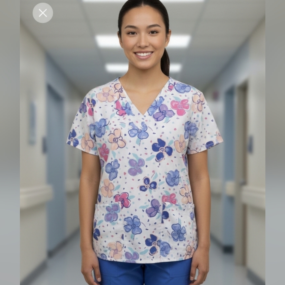 Crest Medium scrub top white with flowers